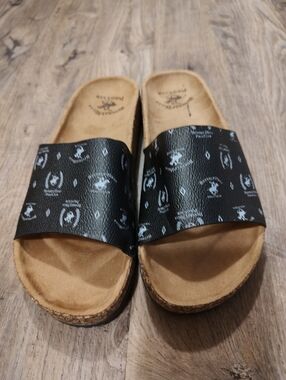 Beverly Hills Polo Club Black Patterned Slide Sandals